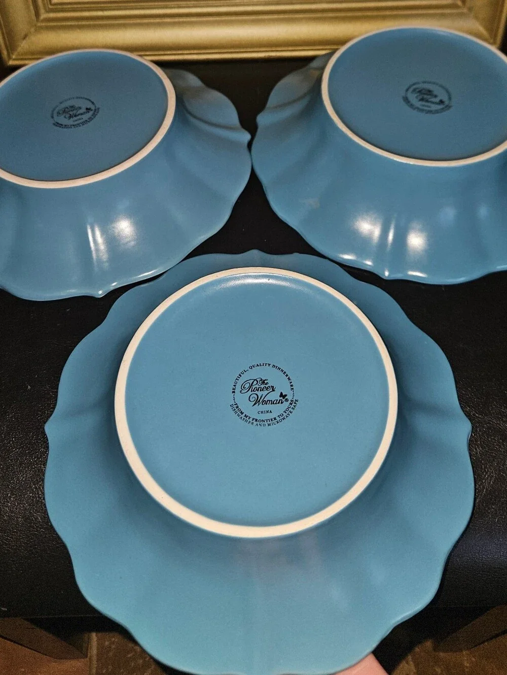 Pioneer Woman Paige Denim Blue 8.5” Soup Bowls Scalloped Beaded Edge Lot of 3